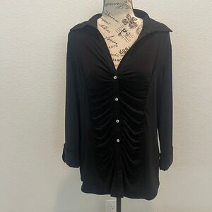 Tango Mango Women's Black Ruched Button Front Shirt‎ L Romantic Classic